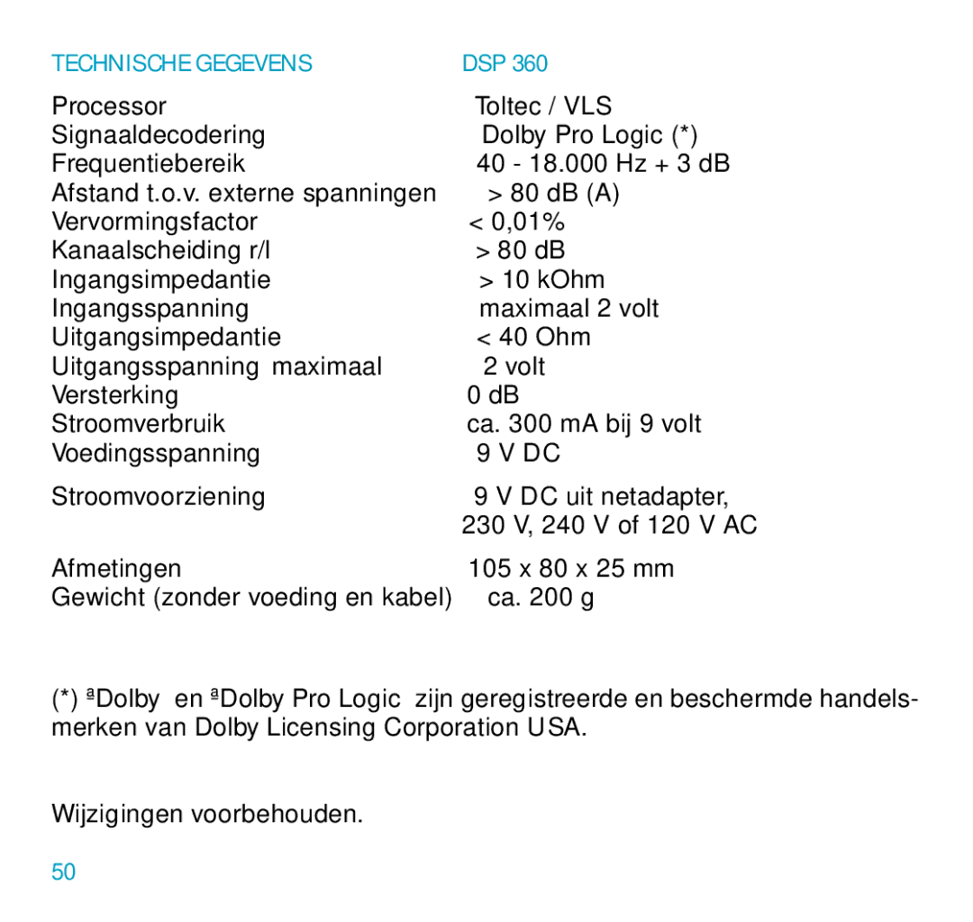 Sennheiser DSP 360 manual Technische Gegevens 