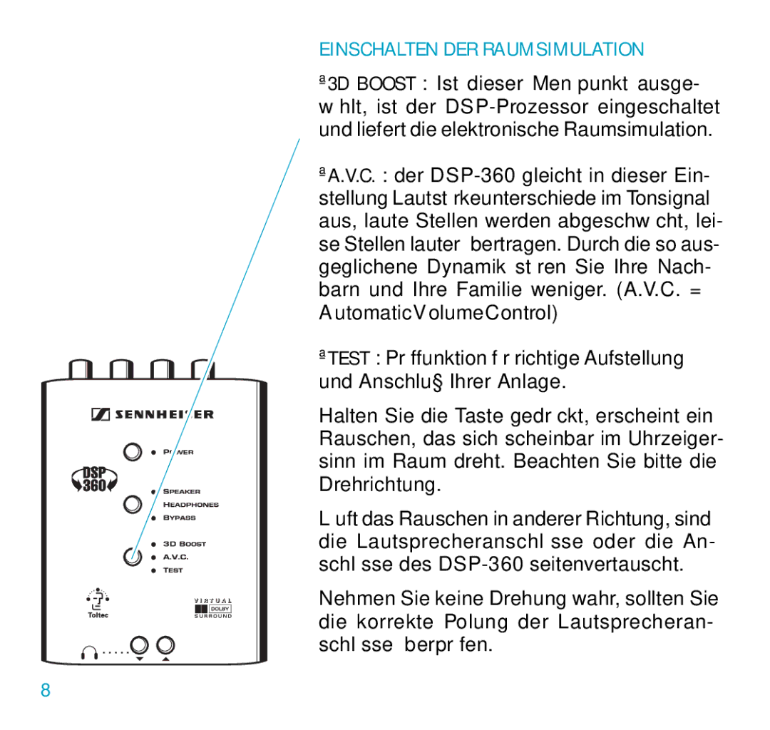 Sennheiser DSP 360 manual Einschalten DER Raumsimulation 