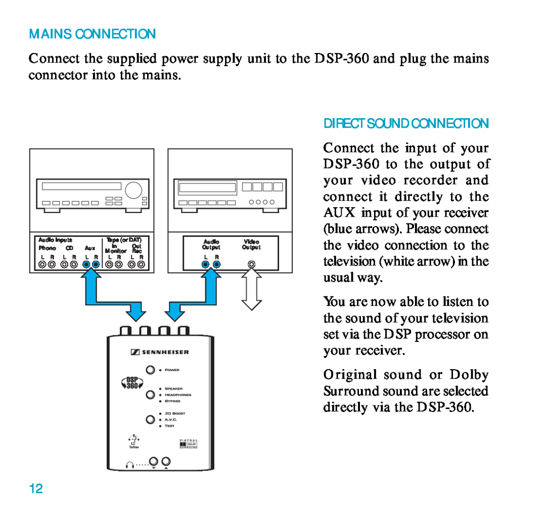 Sennheiser DSP 360 manual Mains Connection, Direct Sound Connection 