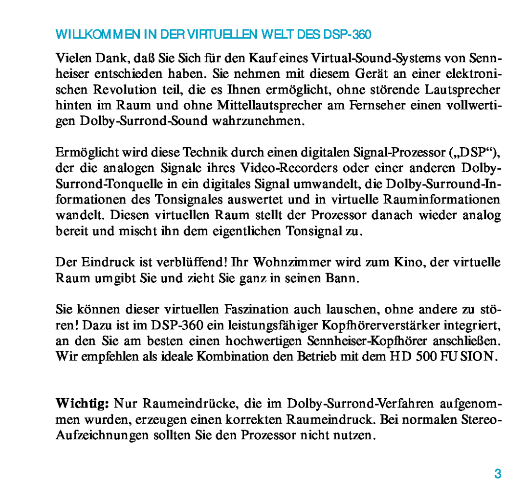 Sennheiser DSP 360 manual WILLKOMMEN IN DER VIRTUELLEN WELT DES DSP-360 