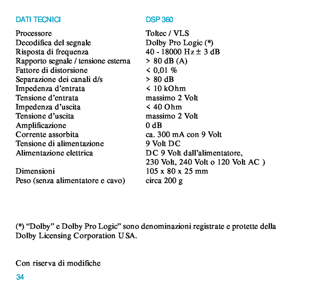 Sennheiser DSP 360 manual Dati Tecnici 