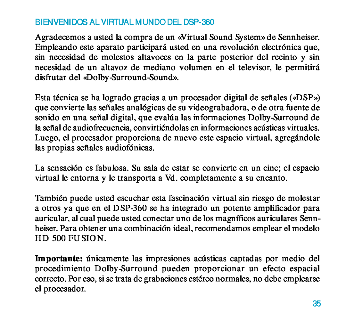 Sennheiser DSP 360 manual BIENVENIDOS AL VIRTUAL MUNDO DEL DSP-360 