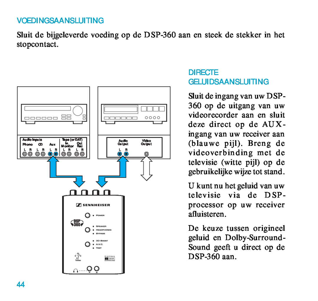 Sennheiser DSP 360 manual Voedingsaansluiting, Directe Geluidsaansluiting 