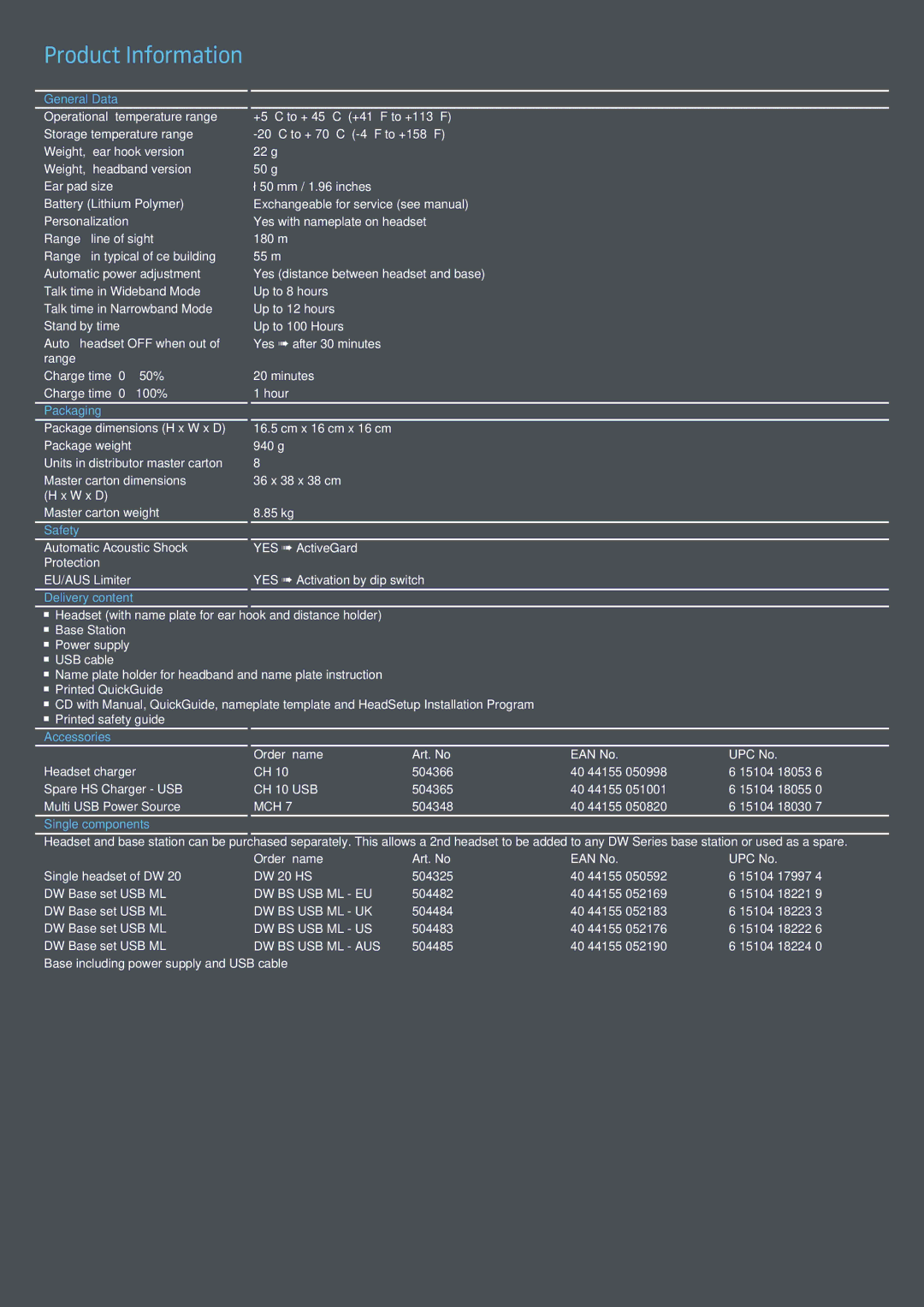 Sennheiser DW Pro 1 USB ML manual Product Information 