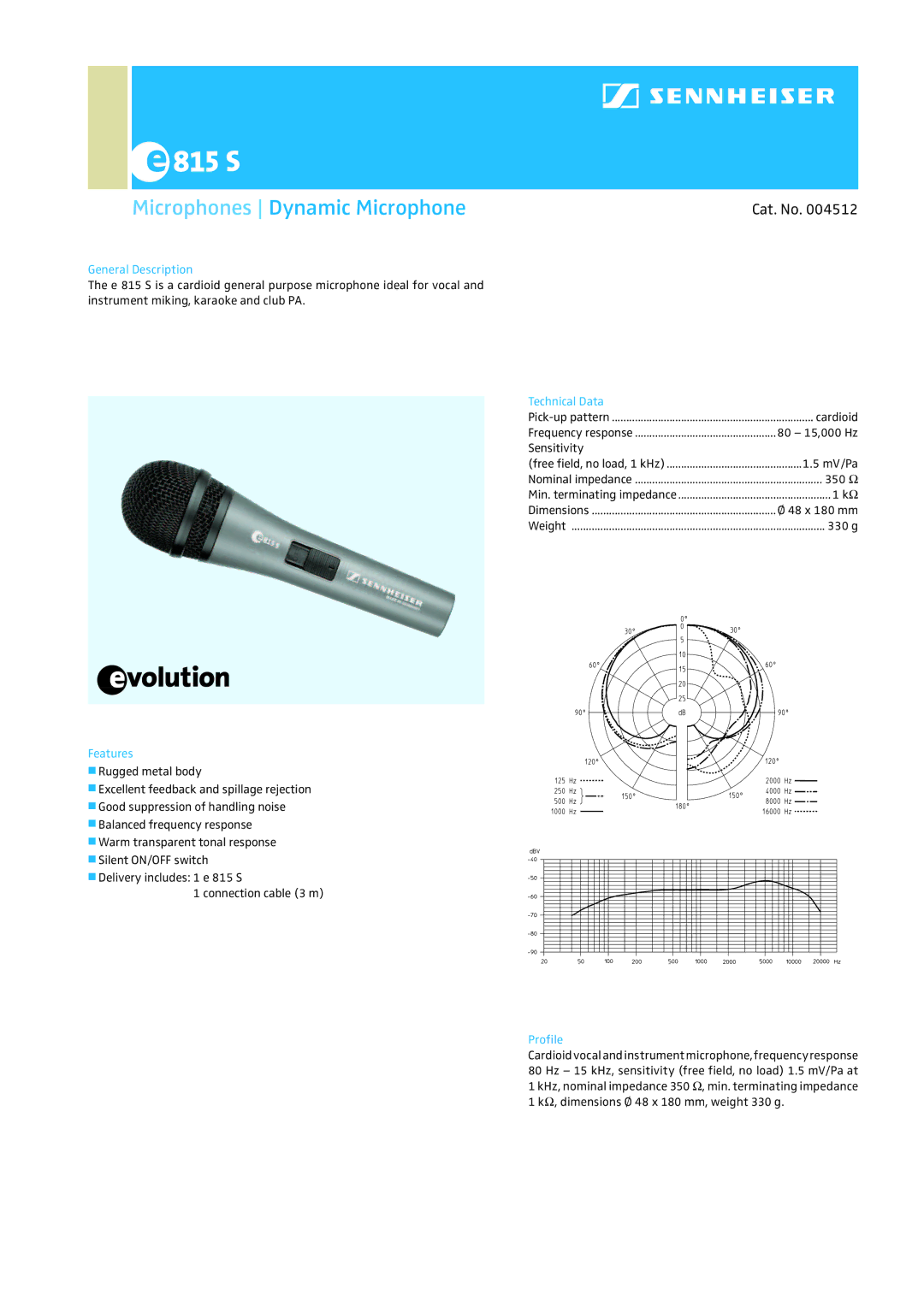 Sennheiser E 815-S dimensions Microphones Dynamic Microphone, Cat. No 