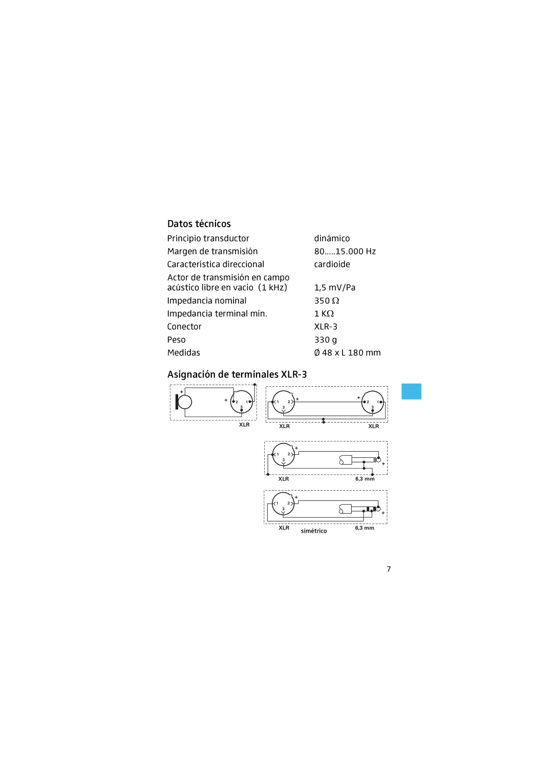 Sennheiser E 825S manual Datos técnicos, Asignación de terminales XLR-3 