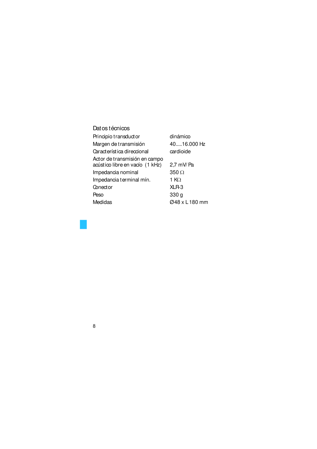 Sennheiser E 835S manual Datos técnicos 