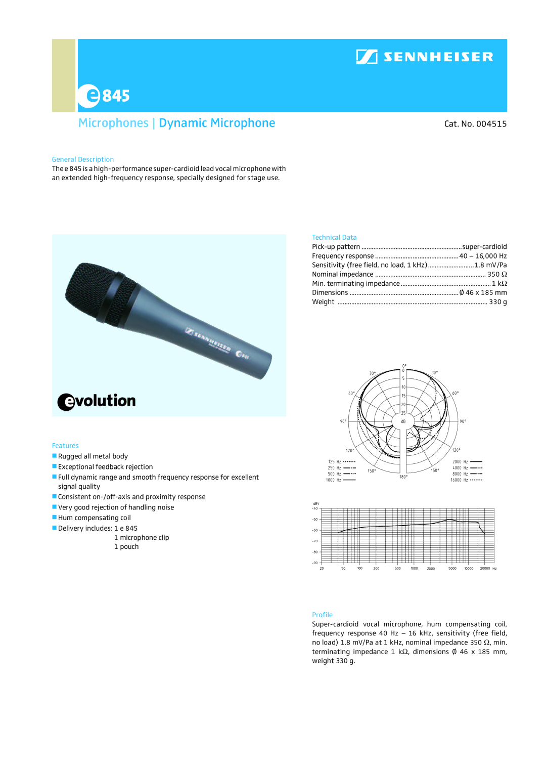 Sennheiser E 845 dimensions Microphones Dynamic Microphone, Cat. No 