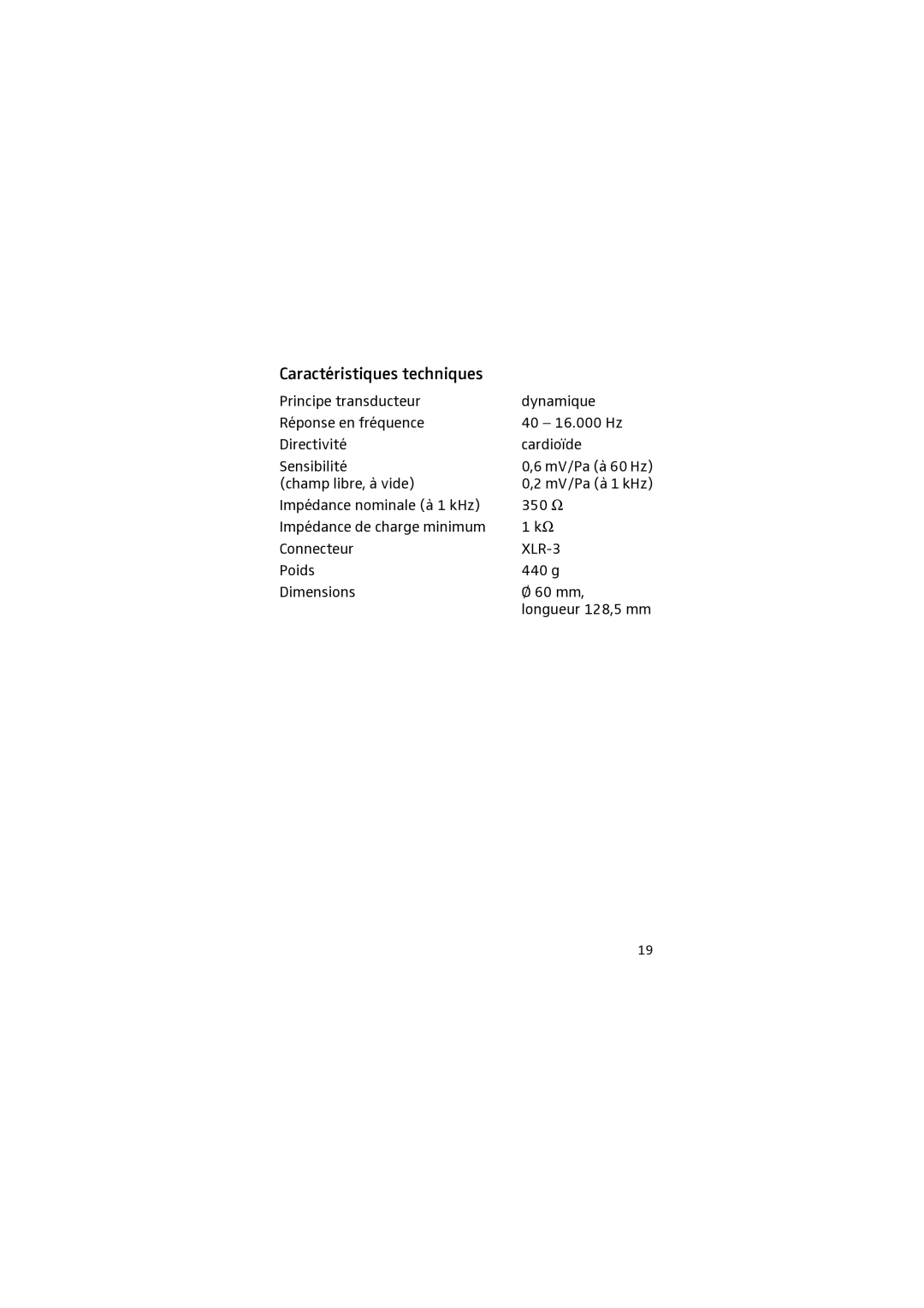 Sennheiser E 902 manual Caractéristiques techniques 