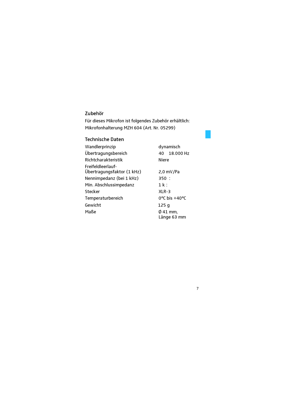 Sennheiser E 904 manual Zubehör, Technische Daten 