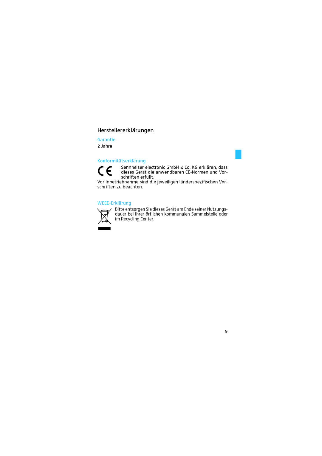 Sennheiser E 904 manual Herstellererklärungen, Konformitätserklärung 