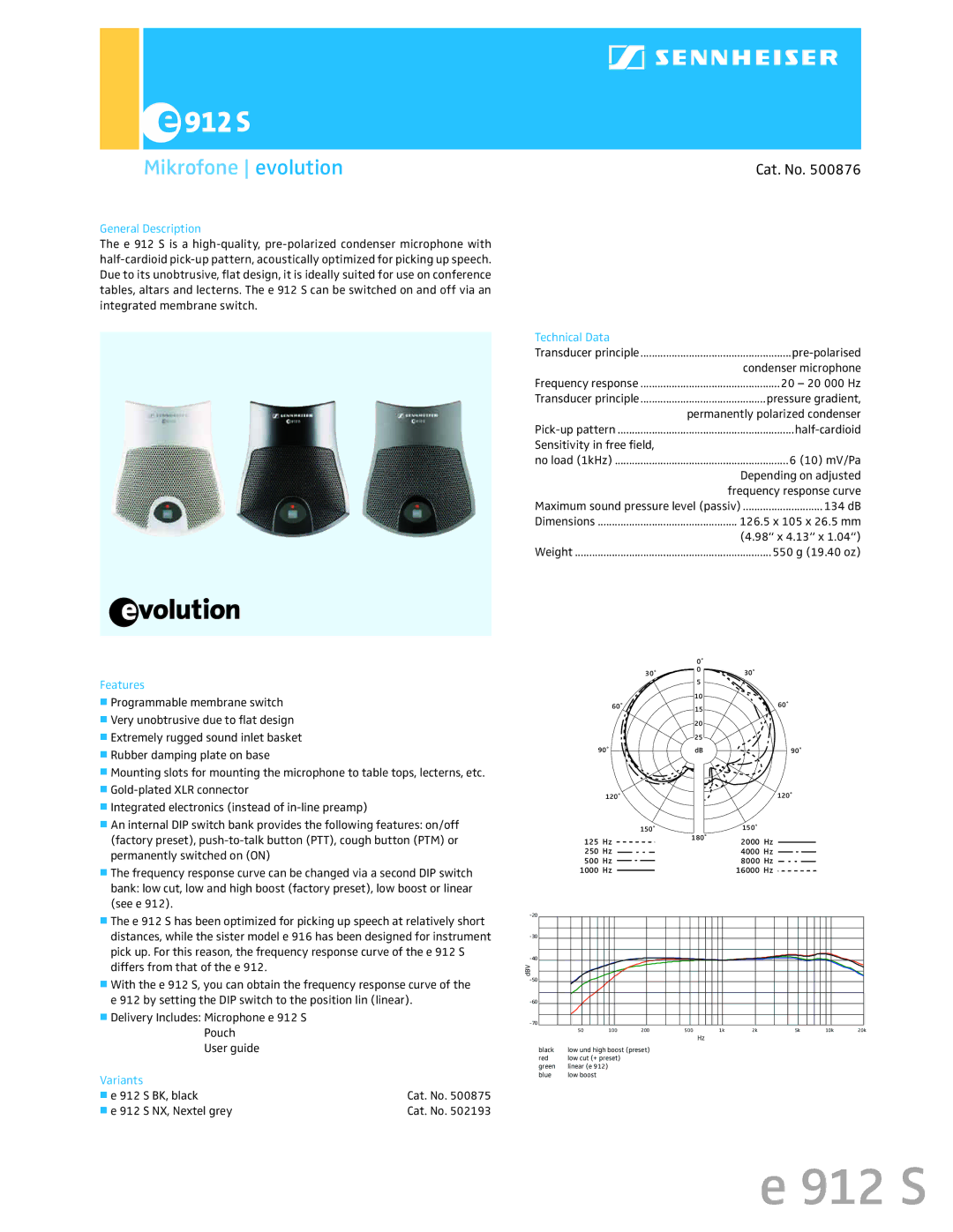 Sennheiser e 912 S BK, e 912 S NX, 500875, 502193, 500876 dimensions Mikrofone evolution, Cat. No 