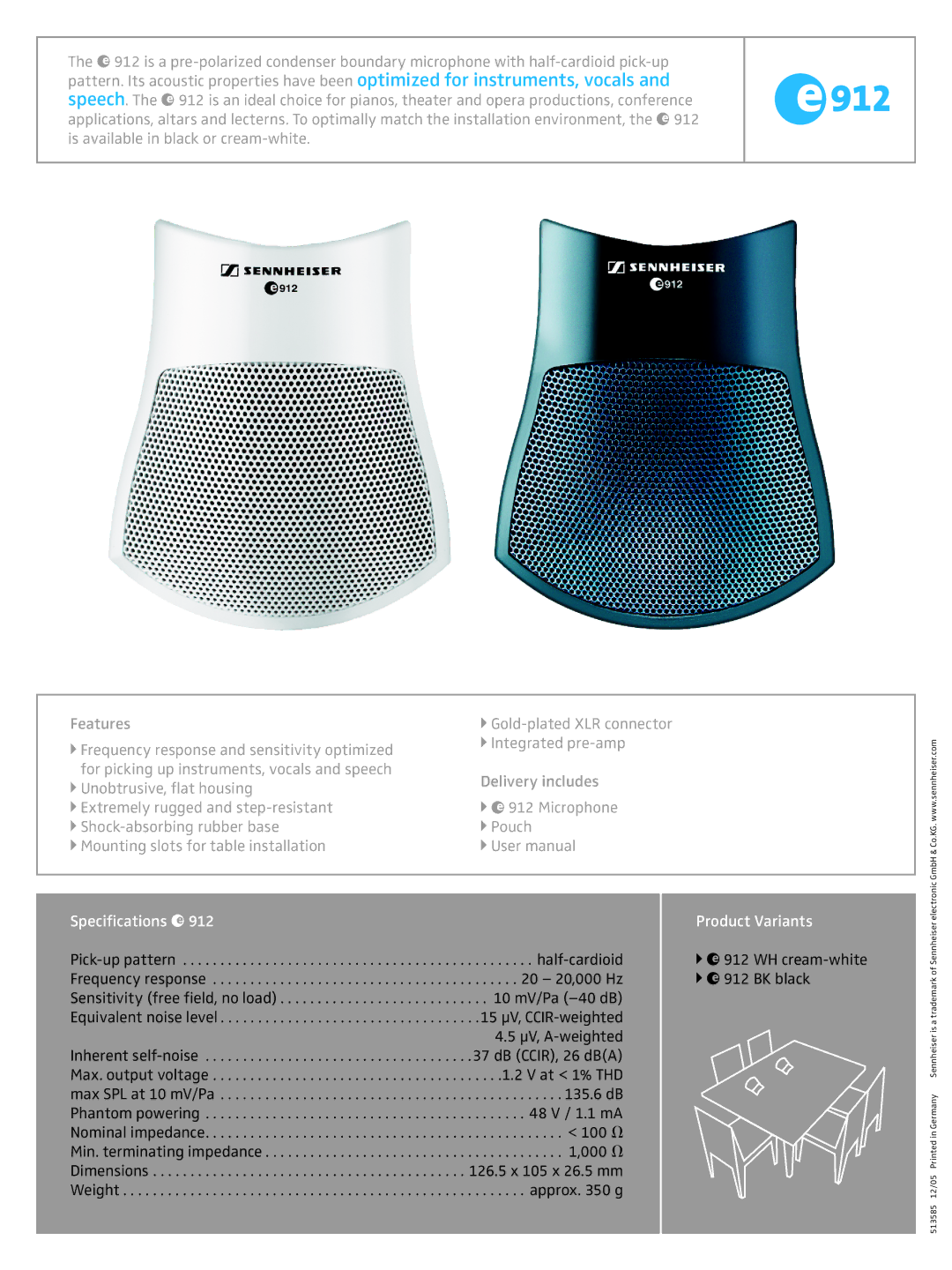 Sennheiser E 912 manual Specifications e, Product Variants 