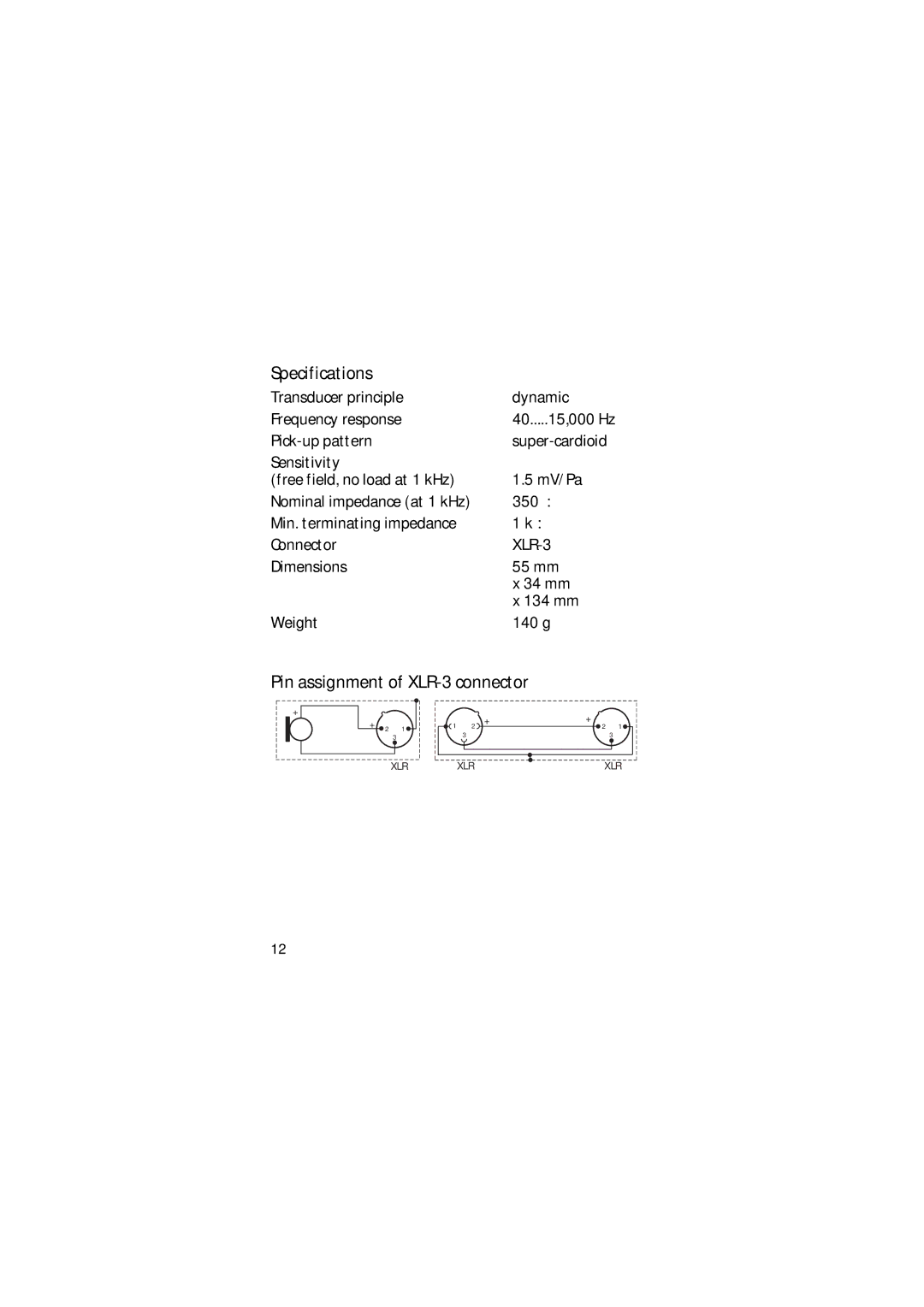 Sennheiser E606 manual Specifications, Pin assignment of XLR-3 connector 