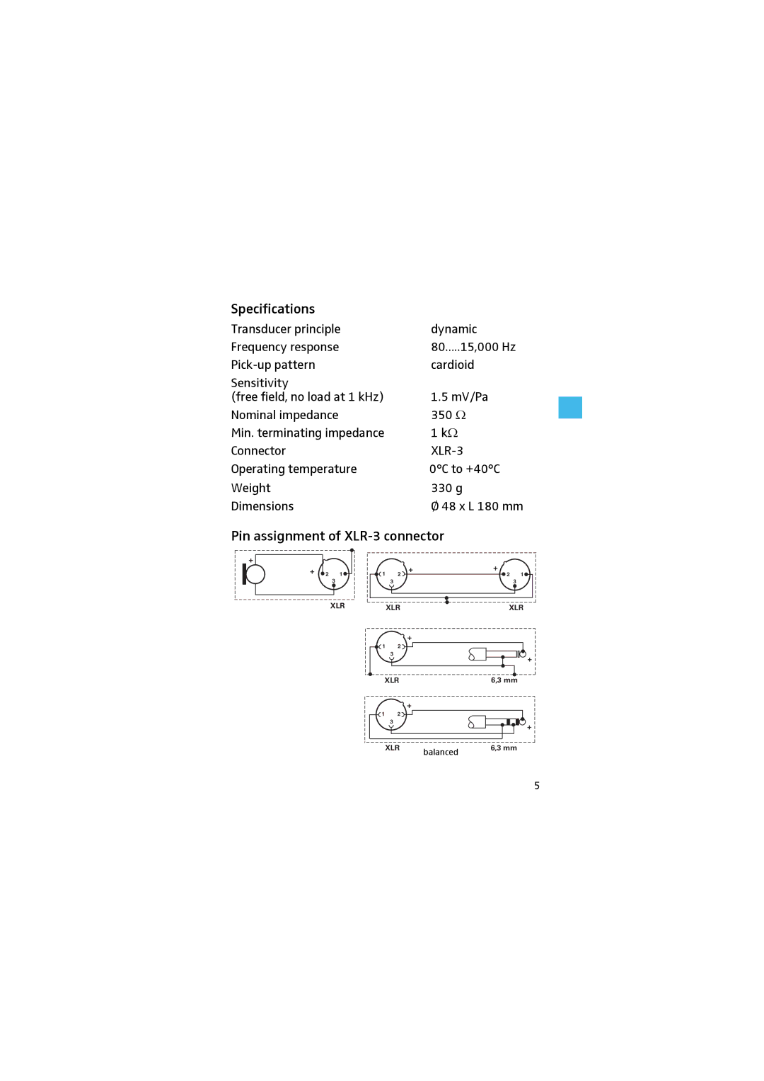 Sennheiser E825S manual Specifications, Pin assignment of XLR-3 connector 