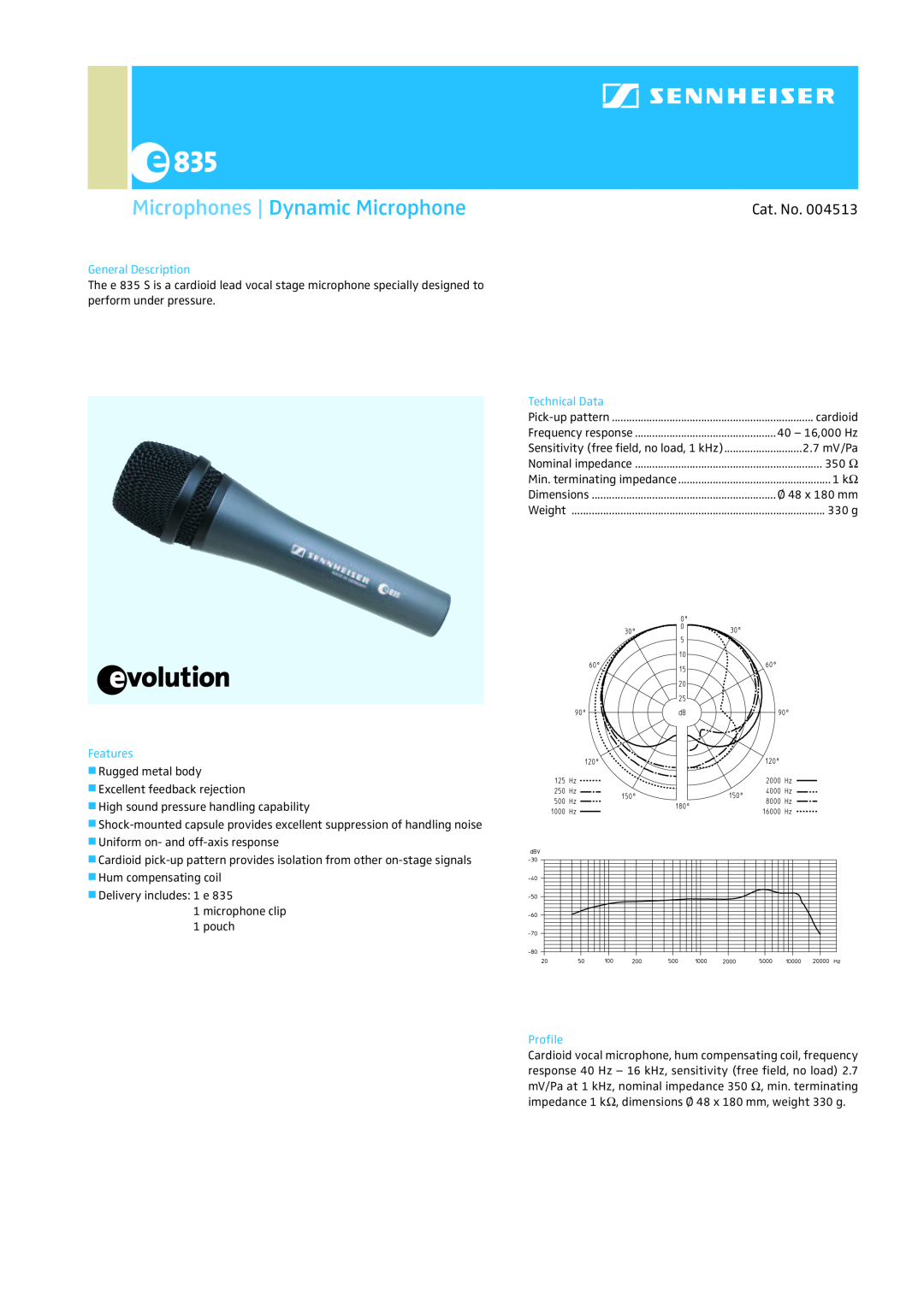 Sennheiser E835 dimensions Microphones Dynamic Microphone, Cat. No, General Description, Technical Data, Features, Profile 