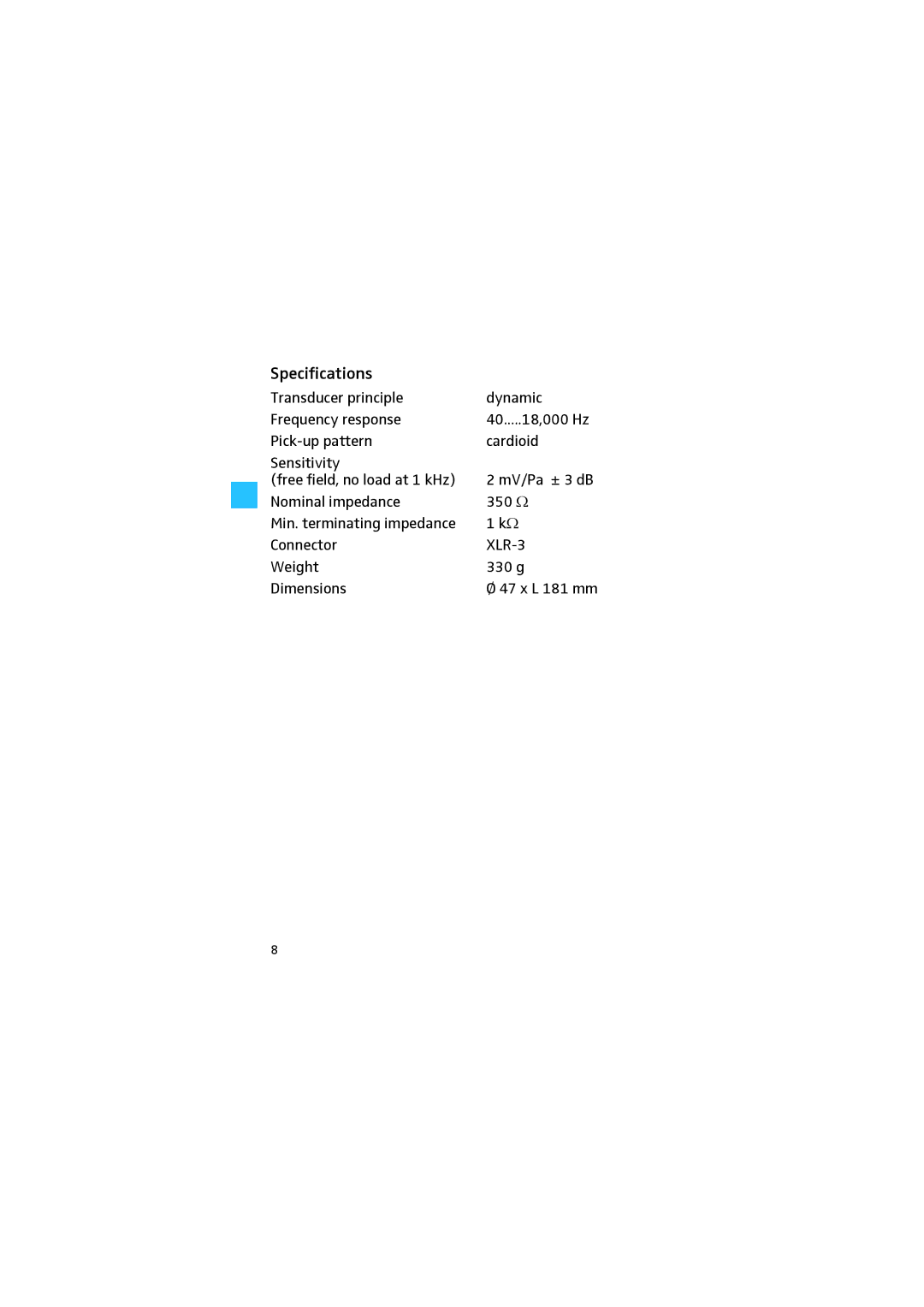 Sennheiser E840 manual Specifications 