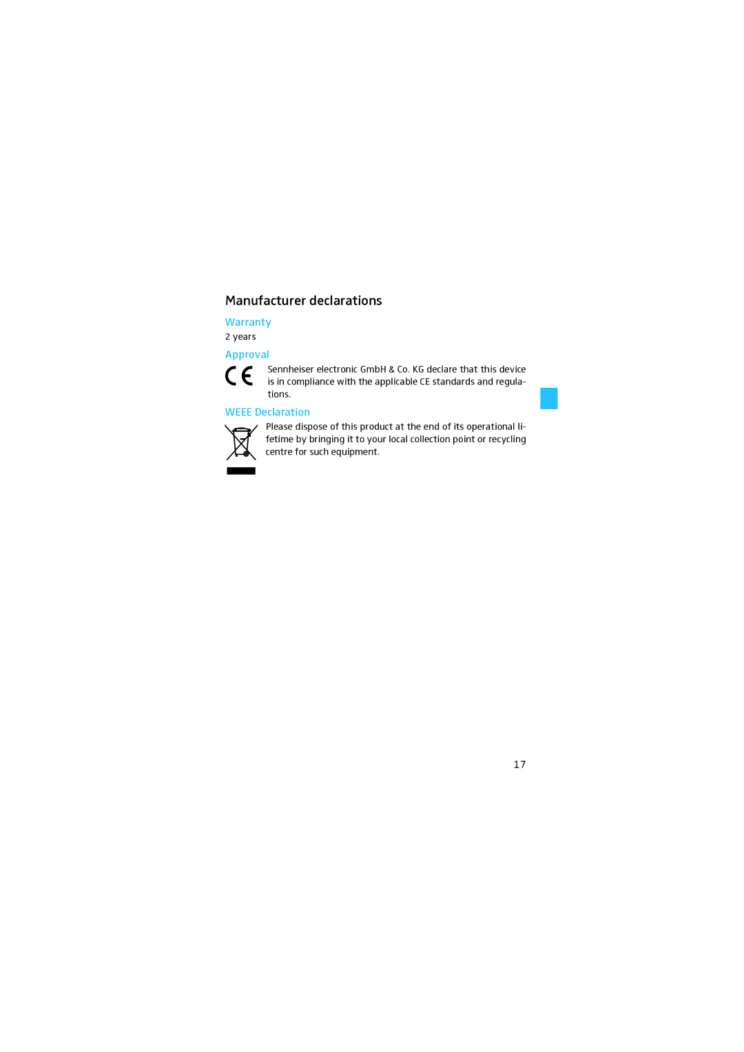 Sennheiser E904 manual Manufacturer declarations, Approval 