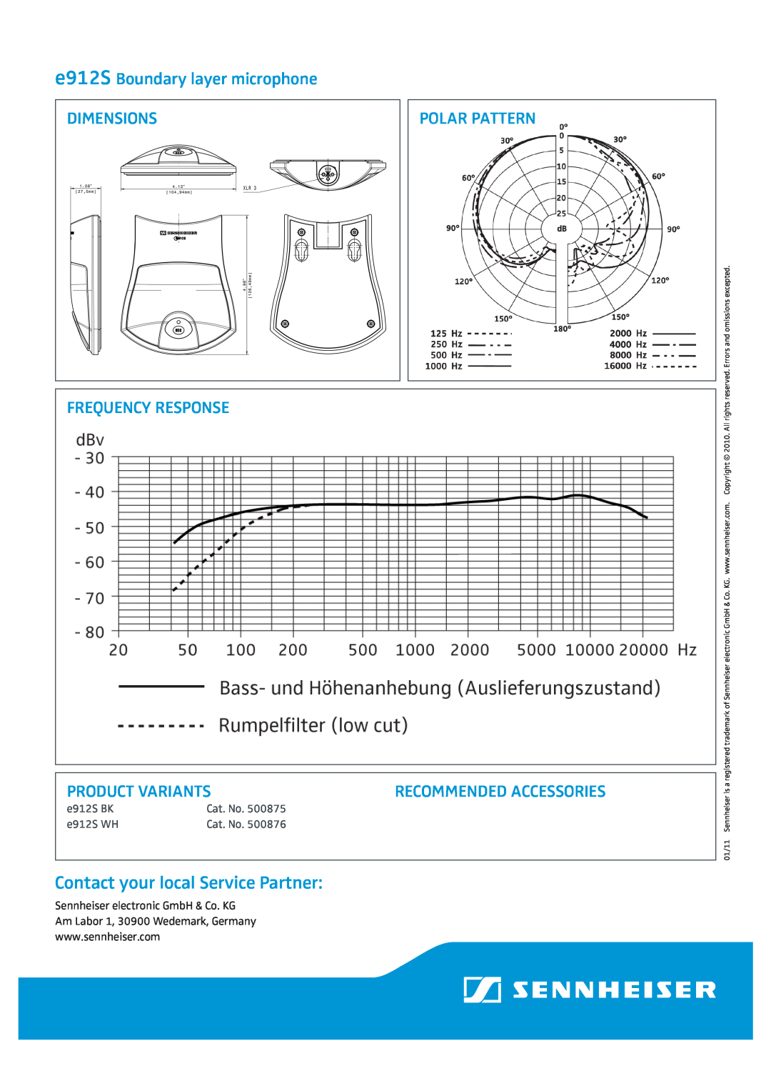 Sennheiser E912S e912S Boundary layer microphone, Dimensions, Polar Pattern, Frequency Response, Product Variants 