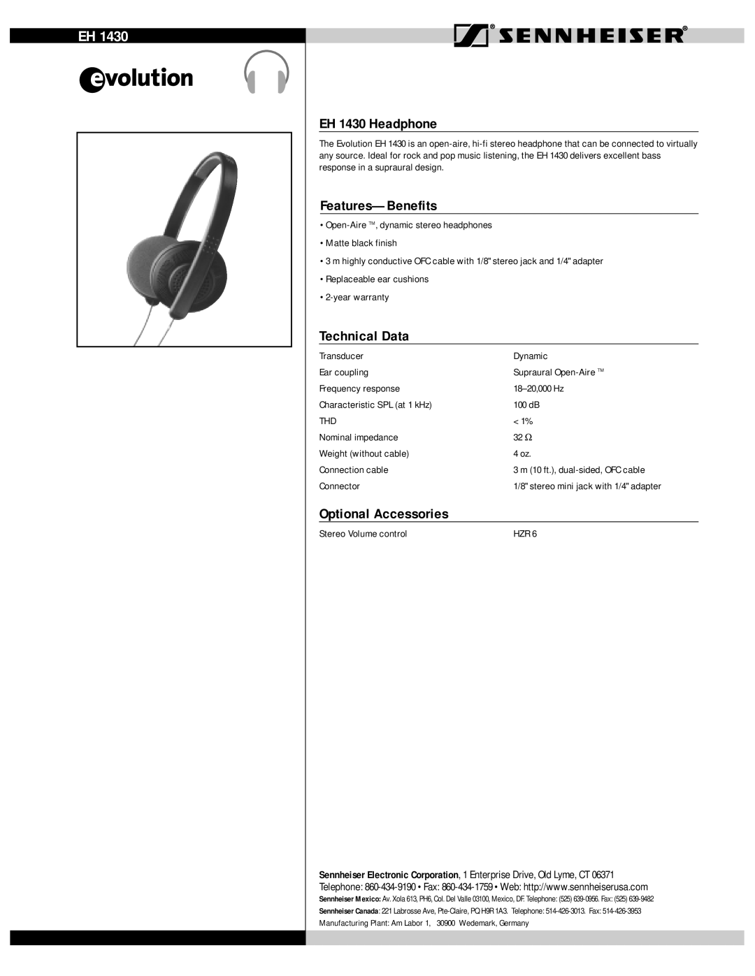 Sennheiser warranty EH 1430 Headphone, Features-Benefits, Technical Data, Optional Accessories, Thd 