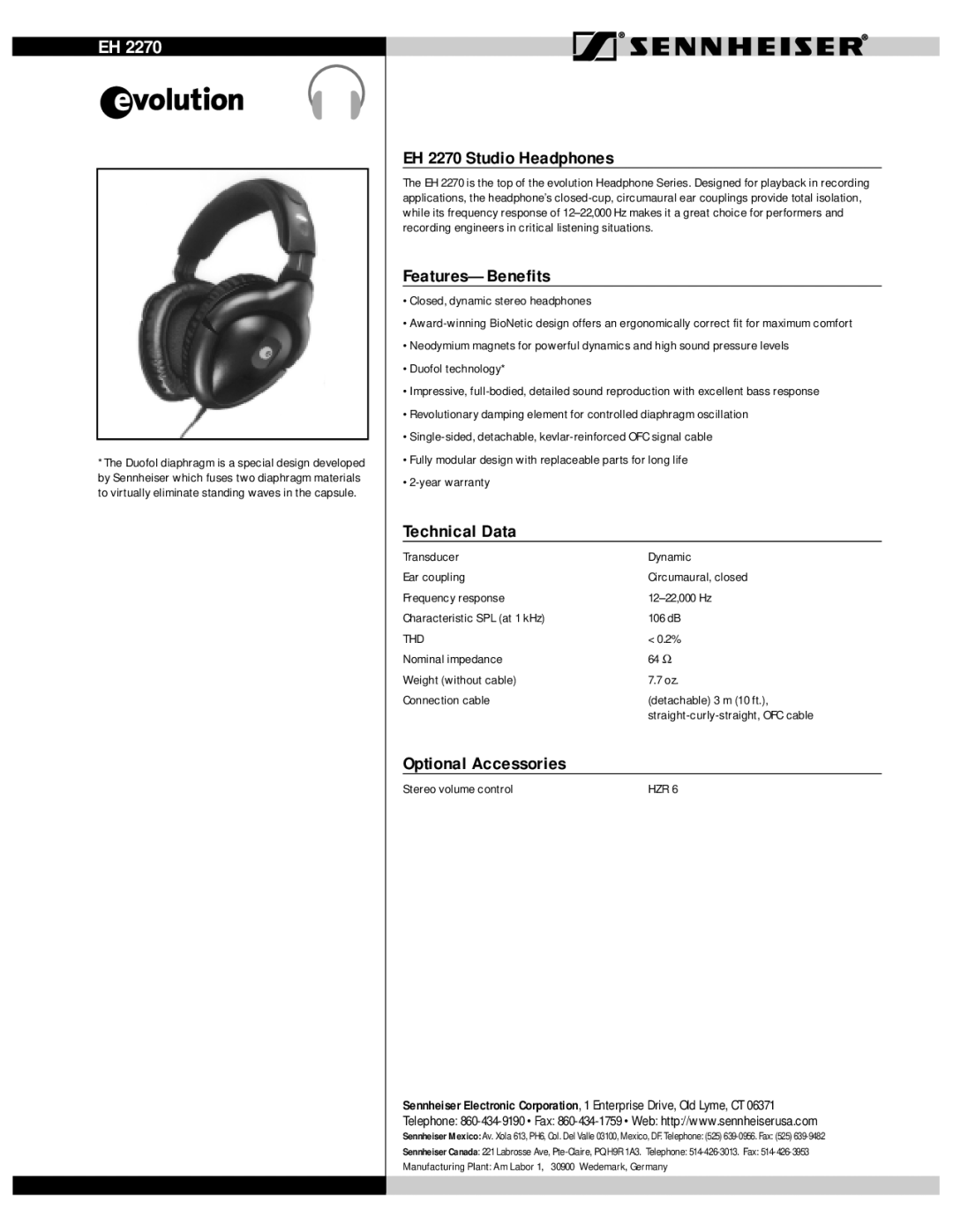 Sennheiser warranty EH 2270 Studio Headphones, Features-Benefits, Technical Data, Optional Accessories, Thd 