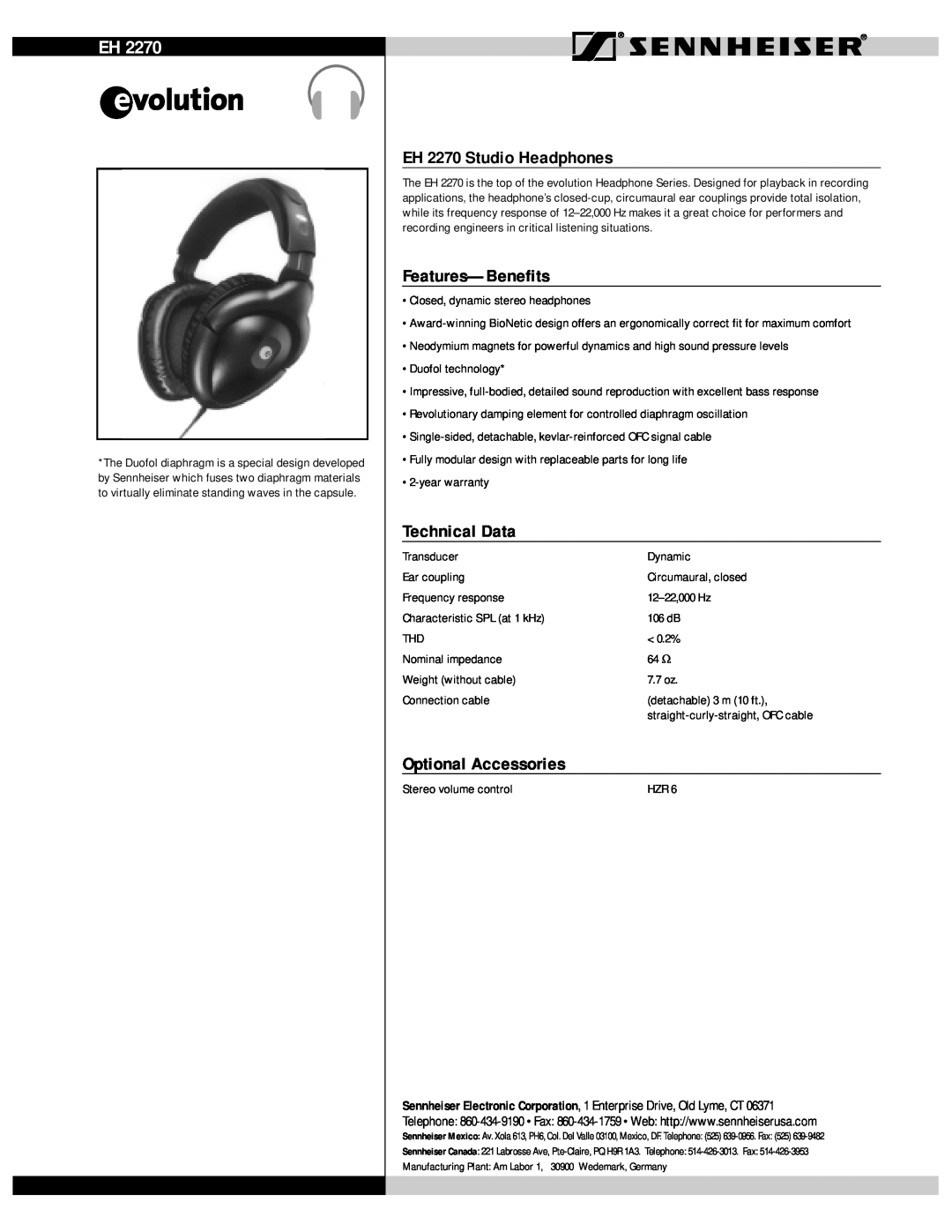 Sennheiser warranty EH 2270 Studio Headphones, Features-Benefits, Technical Data, Optional Accessories 