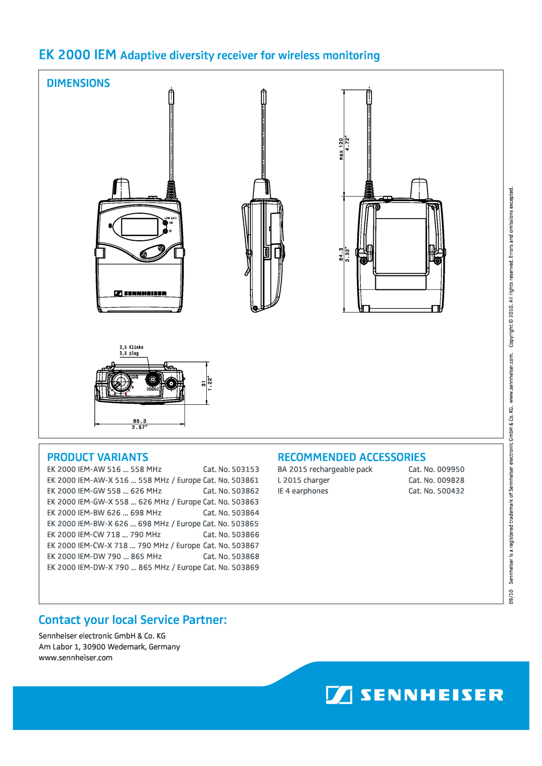 Sennheiser EK 2000 IEM-GW-X EK 2000 IEM Adaptive diversity receiver for wireless monitoring, Dimensions, Product Variants 
