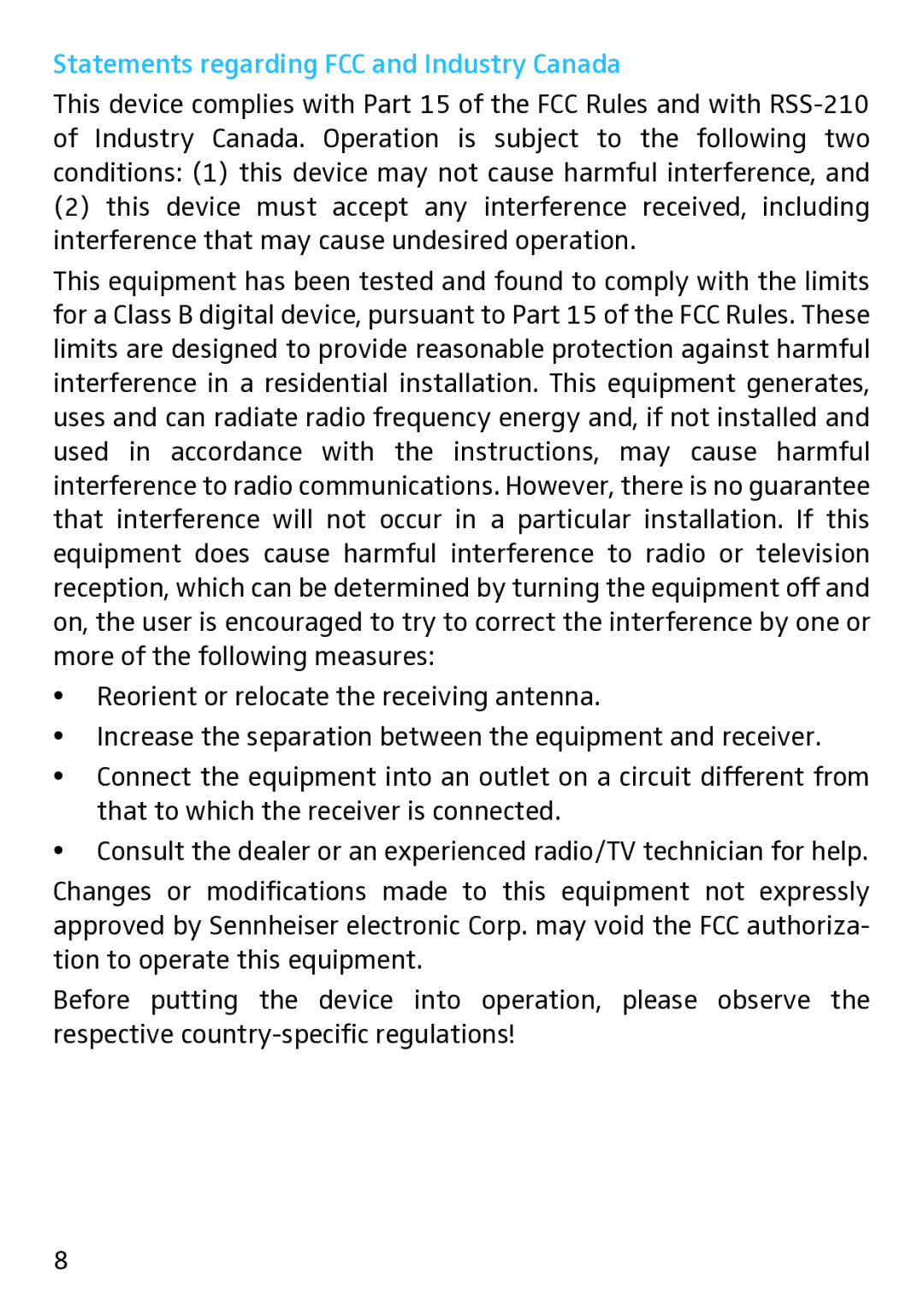 Sennheiser EK 2020 D manual Statements regarding FCC and Industry Canada 