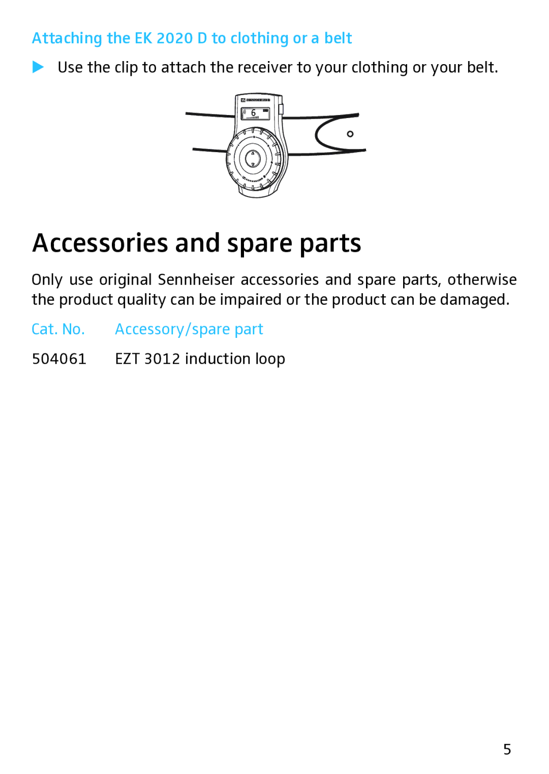 Sennheiser manual Accessories and spare parts, Attaching the EK 2020 D to clothing or a belt, Cat. No 