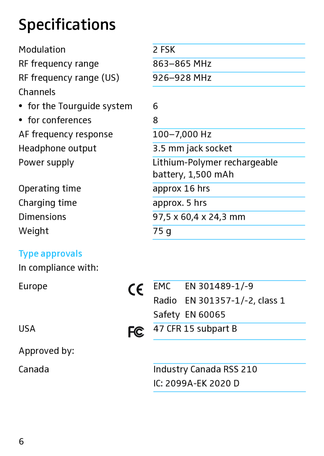 Sennheiser EK 2020 D manual Specifications, Type approvals 