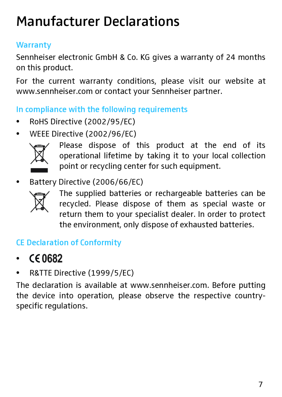 Sennheiser EK 2020 D manual Manufacturer Declarations, Warranty, Compliance with the following requirements 