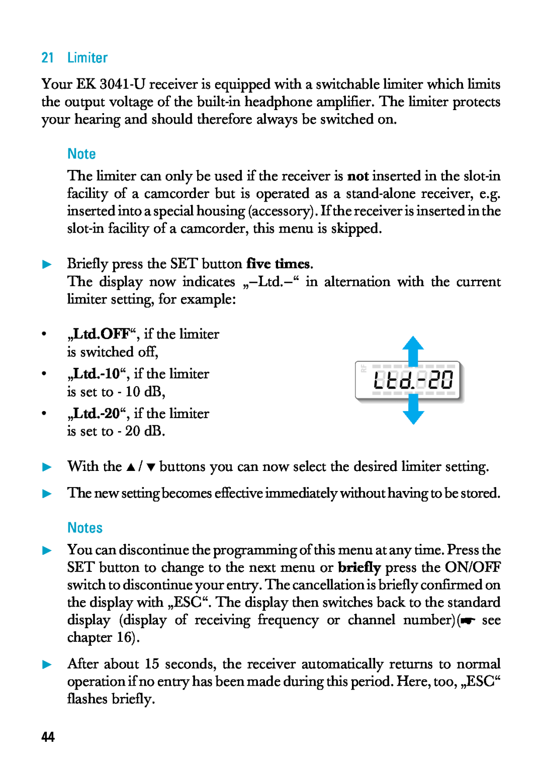 Sennheiser EK 3041-U manual Limiter, Notes 