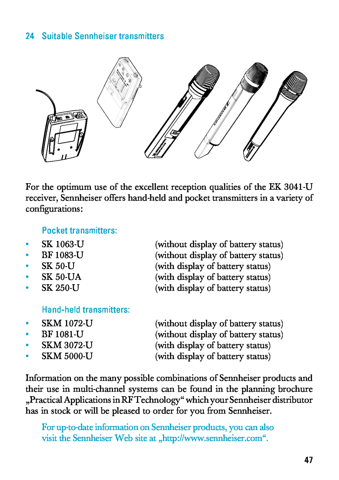 Sennheiser EK 3041-U manual Suitable Sennheiser transmitters, Pocket transmitters, Hand-heldtransmitters 