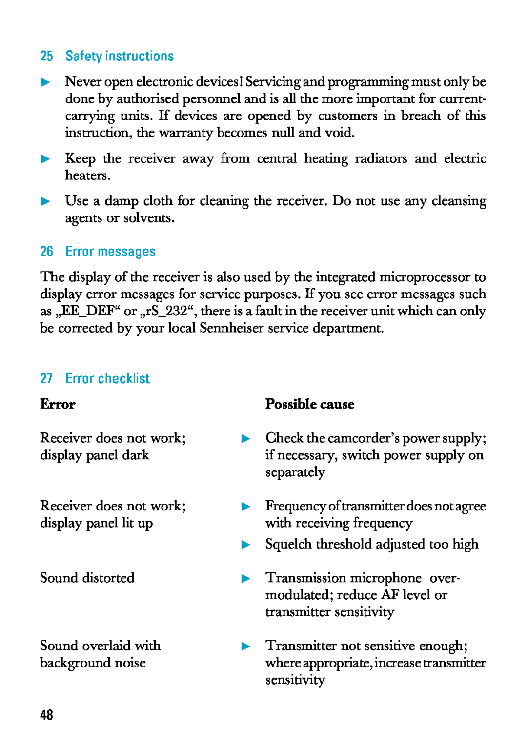 Sennheiser EK 3041-U manual Safety instructions, Error messages, Error checklist 