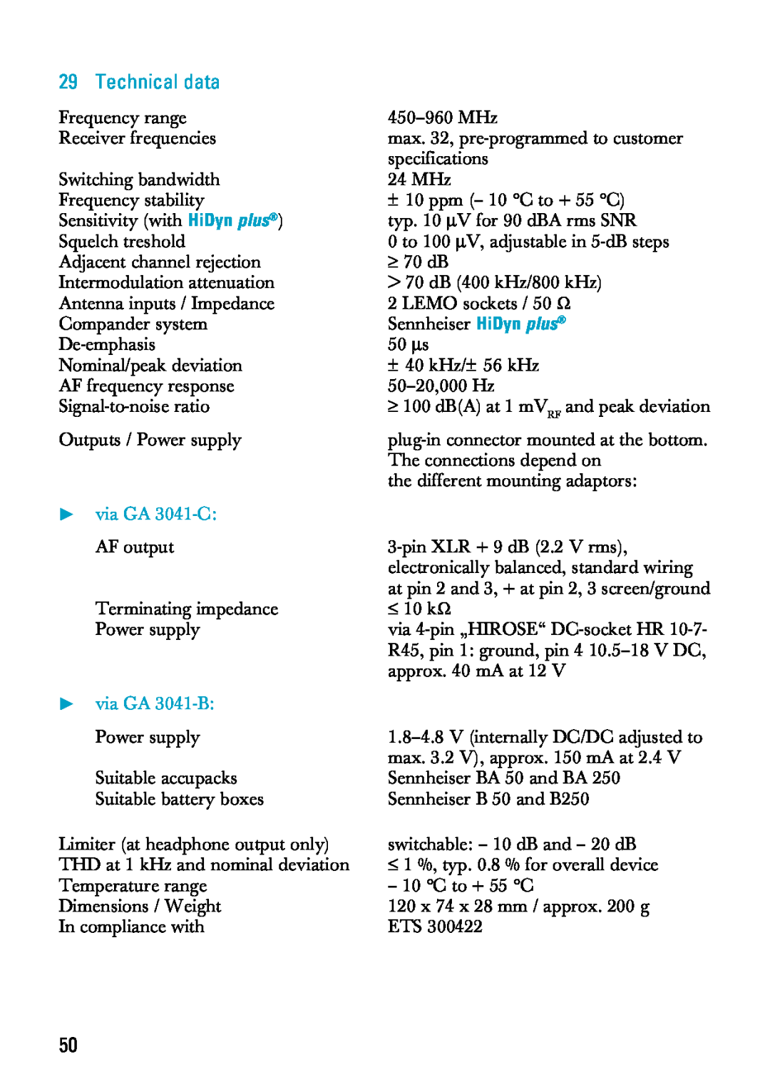Sennheiser EK 3041-U manual Technical data, via GA 3041-C: AF output, via GA 3041-B: Power supply 