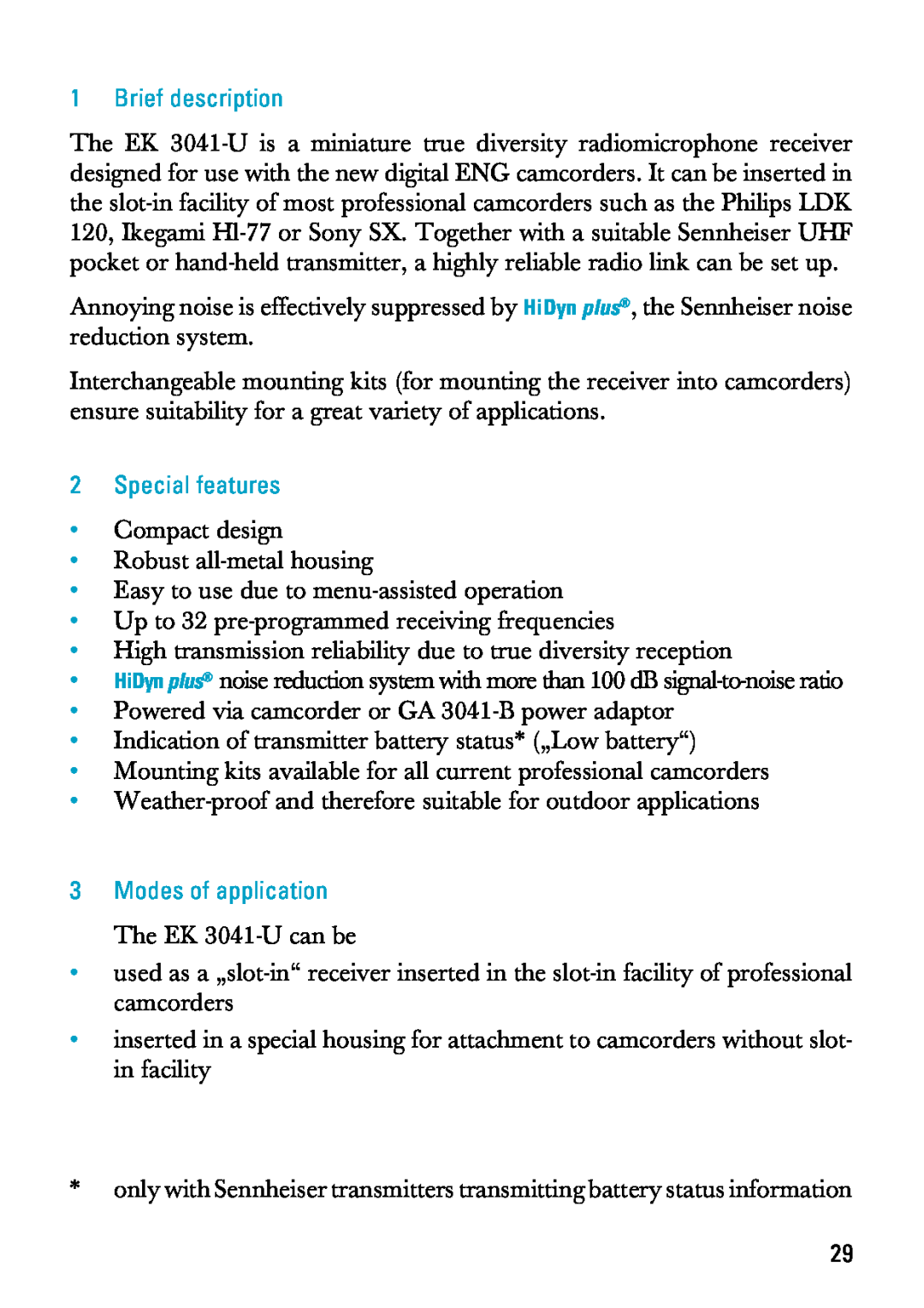 Sennheiser EK 3041-U manual Brief description, Special features, Modes of application 