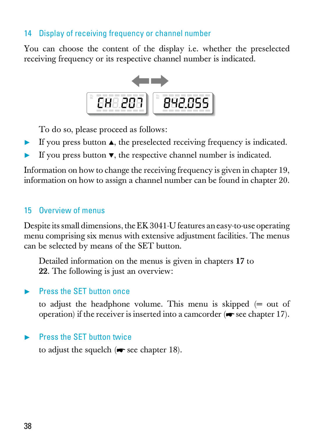 Sennheiser EK 3041-U manual Display of receiving frequency or channel number, Overview of menus, Press the SET button once 