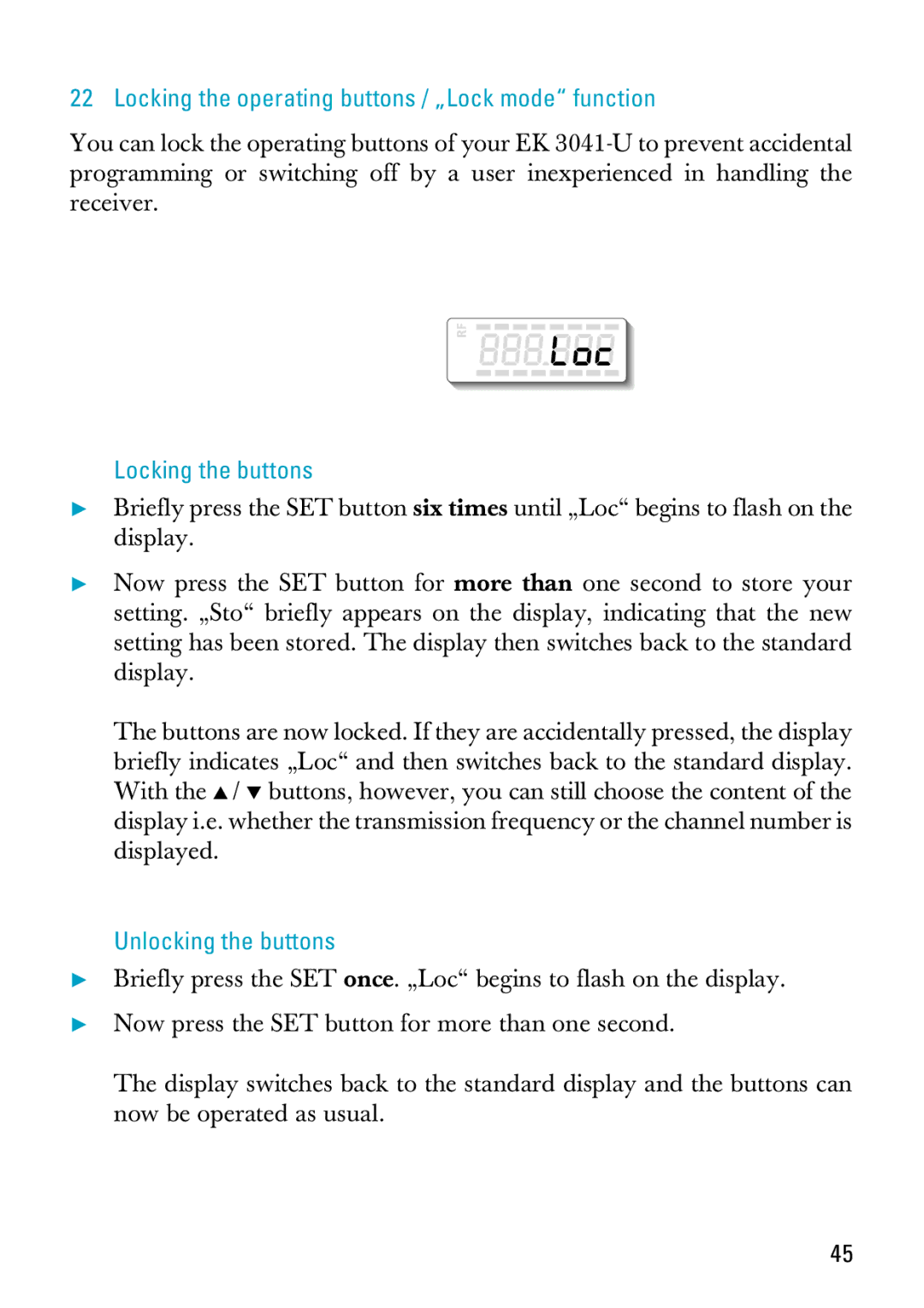 Sennheiser EK 3041-U manual Locking the operating buttons / „Lock mode function, Locking the buttons, Unlocking the buttons 