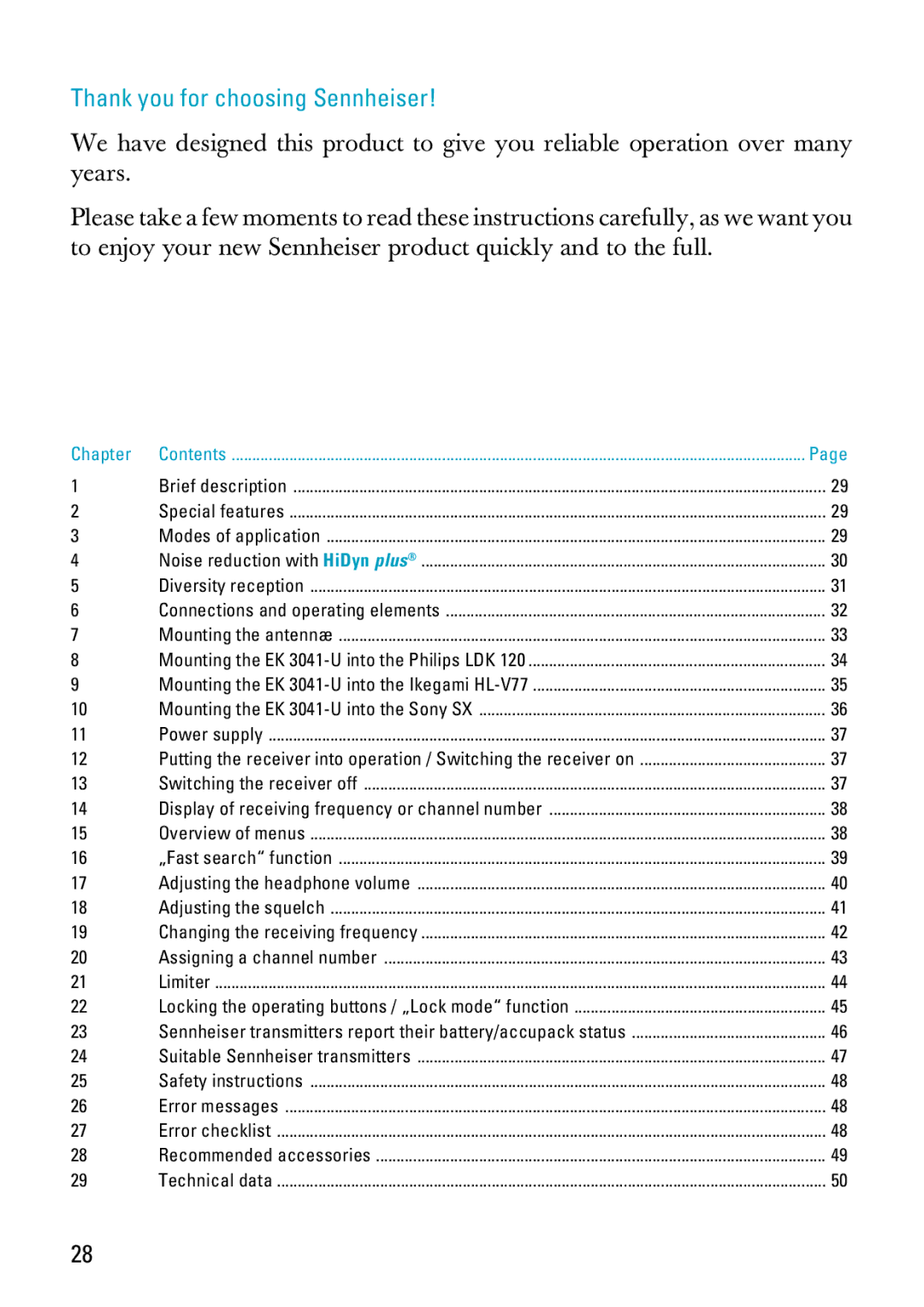 Sennheiser EK 3041-U manual Thank you for choosing Sennheiser, Chapter 