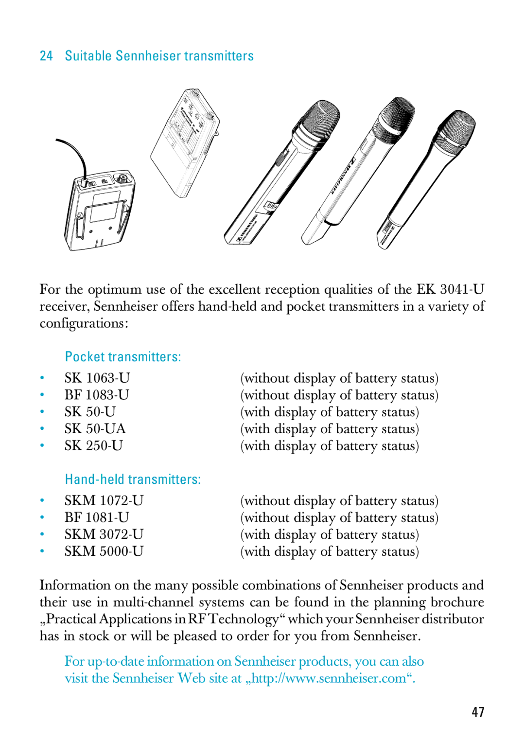 Sennheiser EK 3041-U manual Suitable Sennheiser transmitters, Pocket transmitters, Hand-held transmitters 