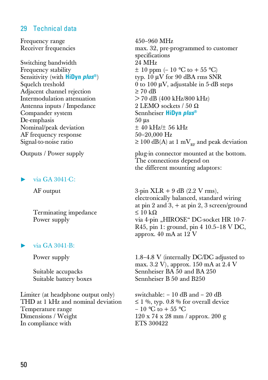 Sennheiser EK 3041-U manual Technical data, Via GA 3041-B Power supply 