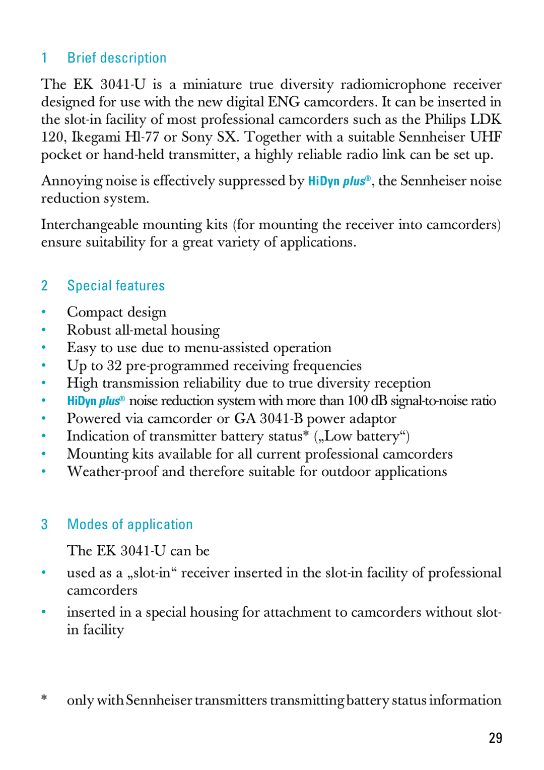 Sennheiser EK 3041-U manual Brief description, Special features, Modes of application 