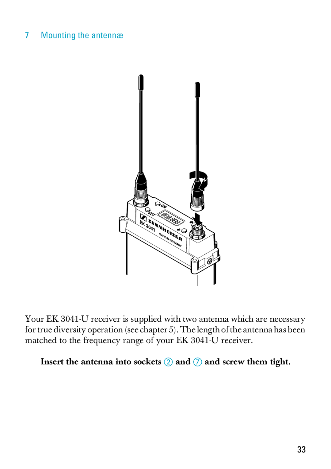 Sennheiser EK 3041-U manual Mounting the antennæ 