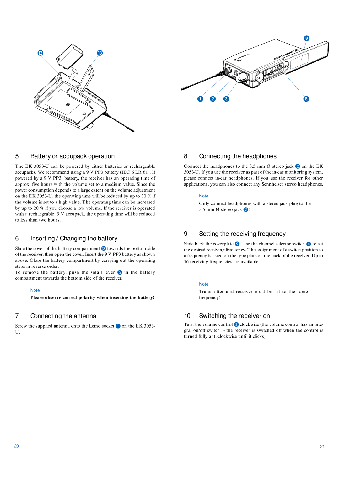 Sennheiser EK 3053-U manual Battery or accupack operation, Inserting / Changing the battery, Connecting the antenna 