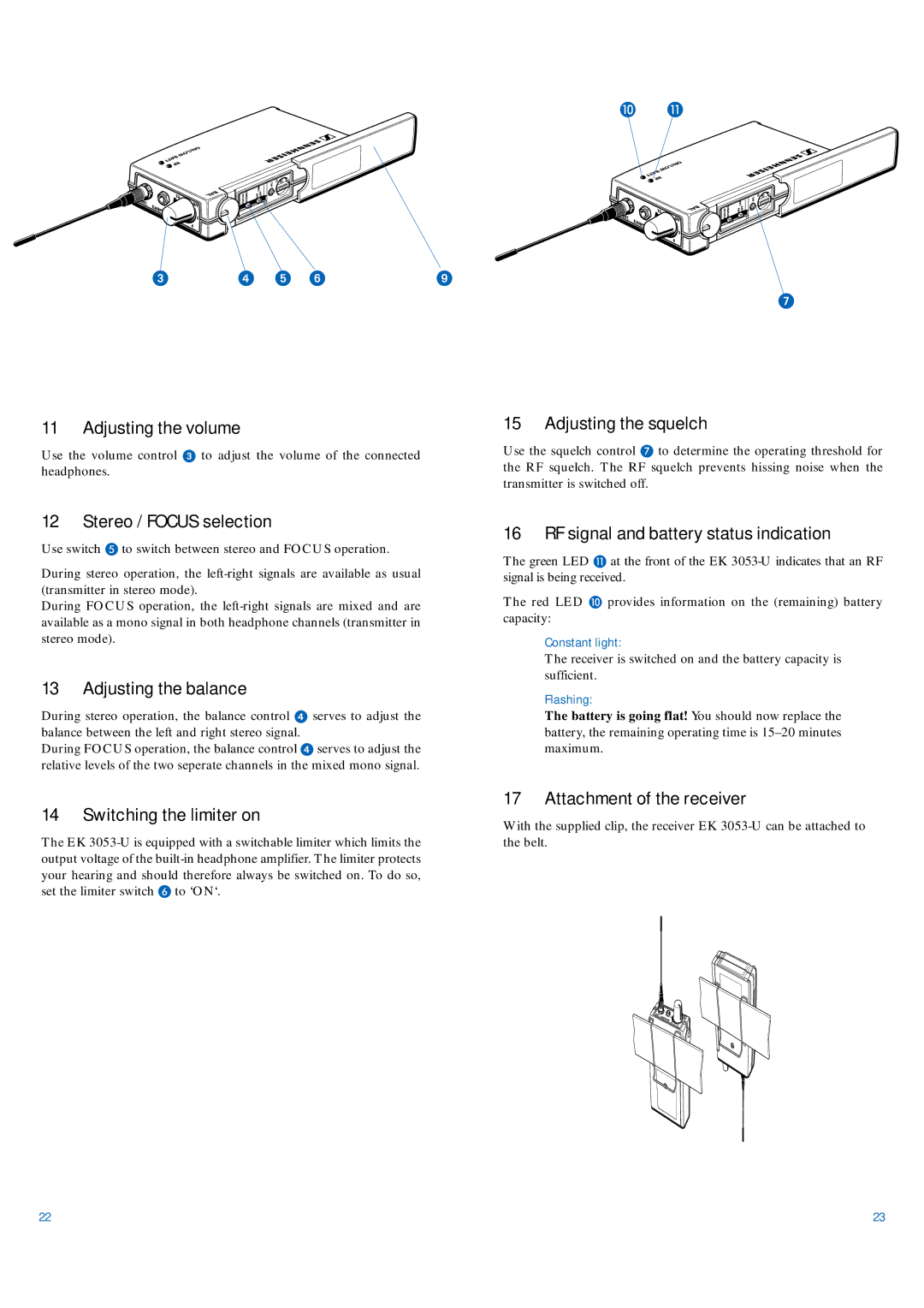 Sennheiser EK 3053-U manual Adjusting the volume, Stereo / Focus selection, Adjusting the balance, Switching the limiter on 