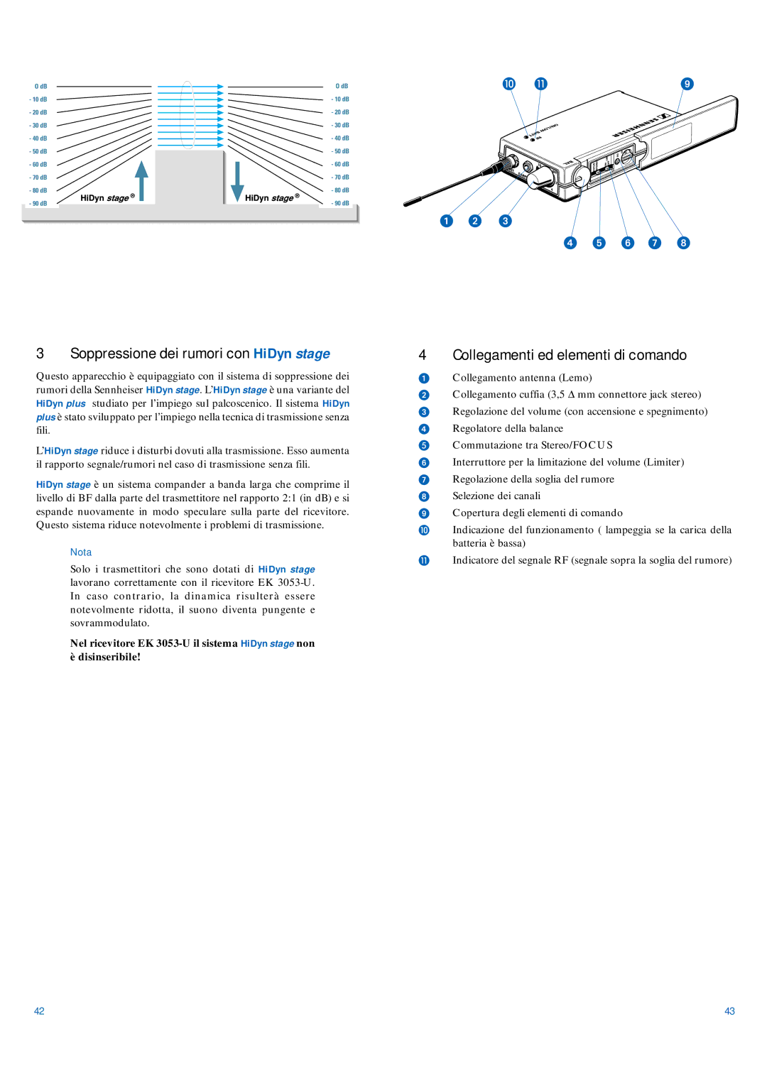 Sennheiser EK 3053-U manual Soppressione dei rumori con HiDyn stage, Collegamenti ed elementi di comando 
