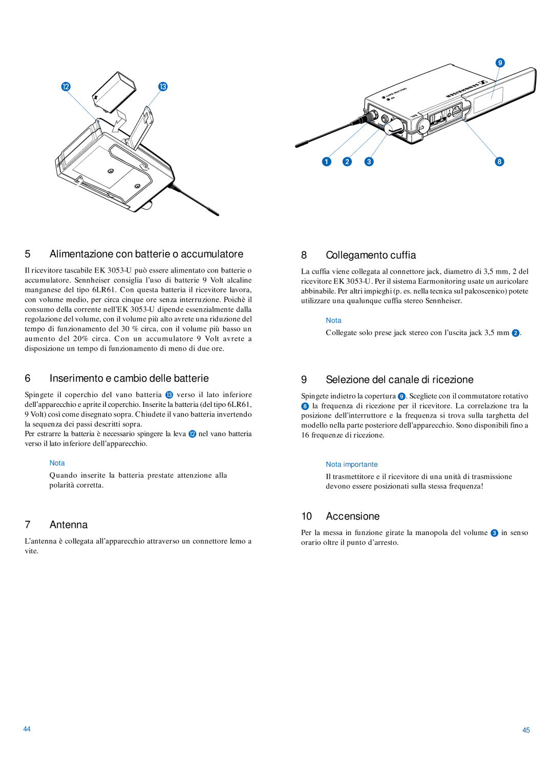 Sennheiser EK 3053-U Alimentazione con batterie o accumulatore, Inserimento e cambio delle batterie, Antenna, Accensione 