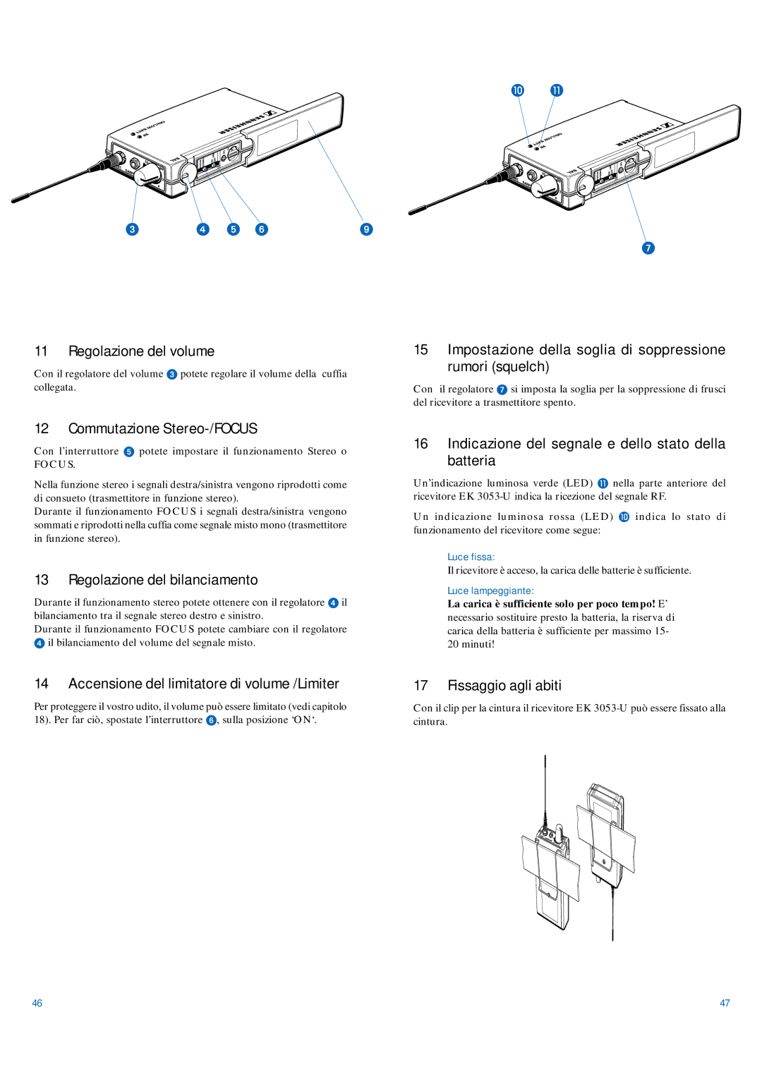 Sennheiser EK 3053-U manual Regolazione del volume, Commutazione Stereo-/FOCUS, Regolazione del bilanciamento 