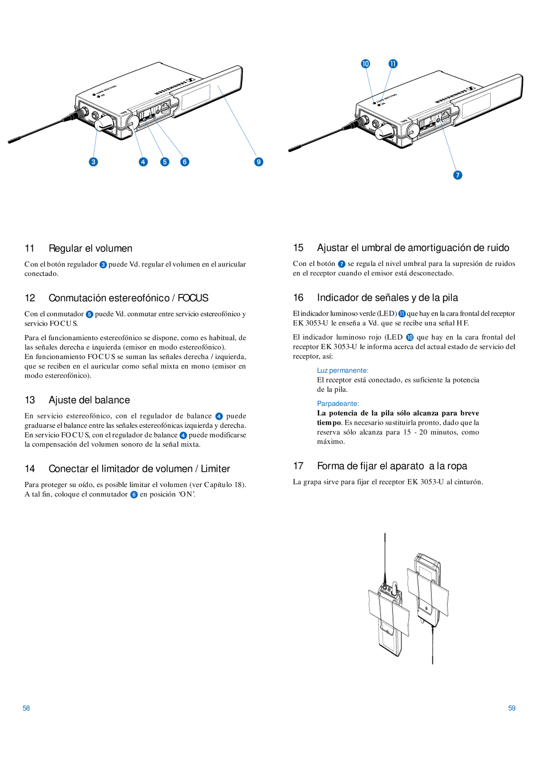 Sennheiser EK 3053-U manual Regular el volumen, Conmutación estereofónico / Focus, Ajuste del balance 