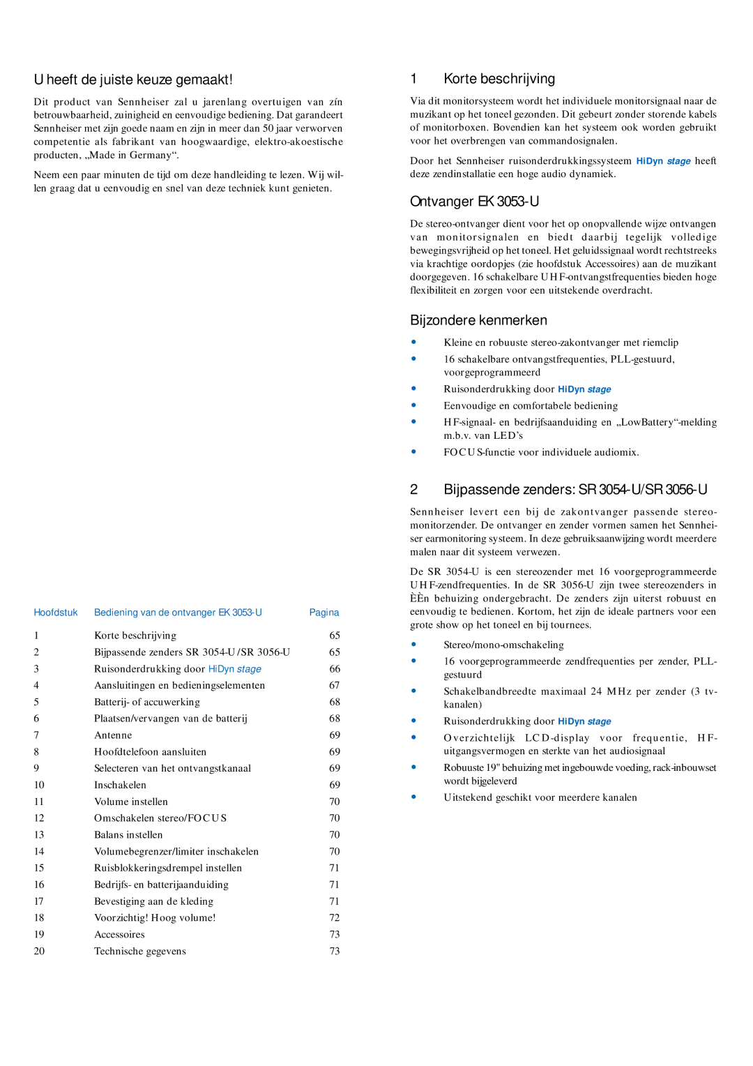 Sennheiser manual Heeft de juiste keuze gemaakt, Korte beschrijving, Ontvanger EK 3053-U, Bijzondere kenmerken 